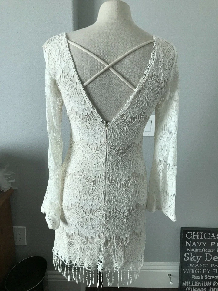 Cut Out VNeck Women Ivory Lined Lace Dress Criss Cross Back Long Bell Sleeve - Image 2 of 4