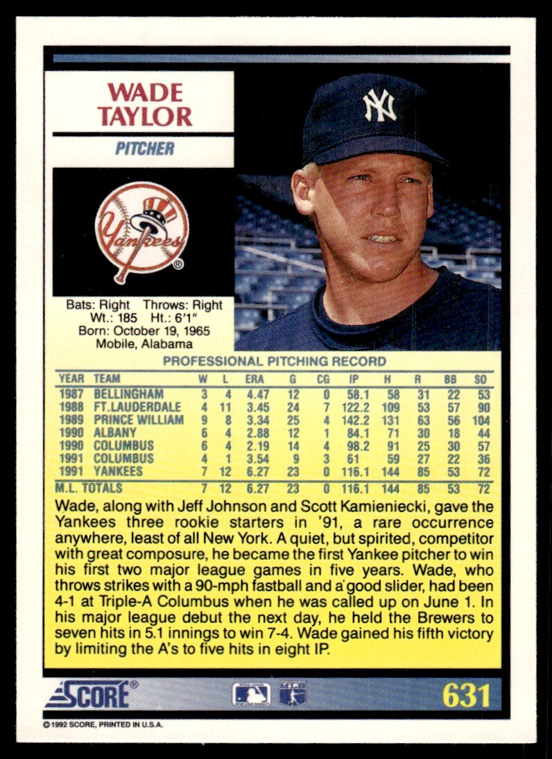 1992 Score Baseball Card Wade Taylor New York Yankees #631 | eBay