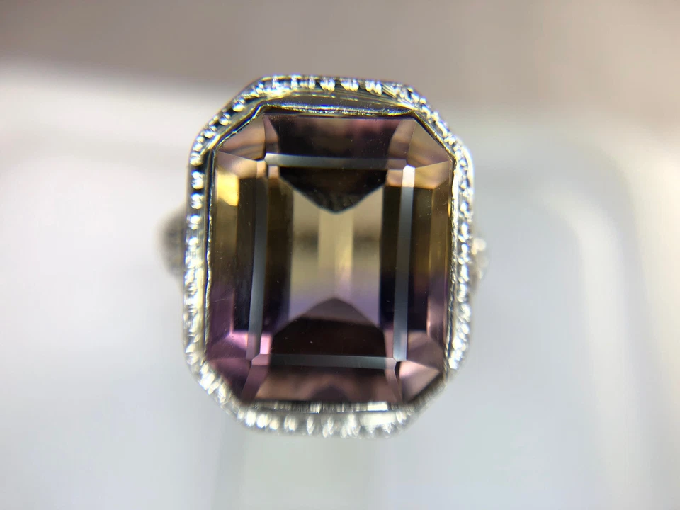 Anillo de cóctel filigrana ametrina natural corte esmeralda oro blanco 14k Art Deco Foto 2 de 4