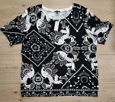 Talbots Black White Floral Bird Print Short Sleeve Womens Plus Petites 1XP  NWT