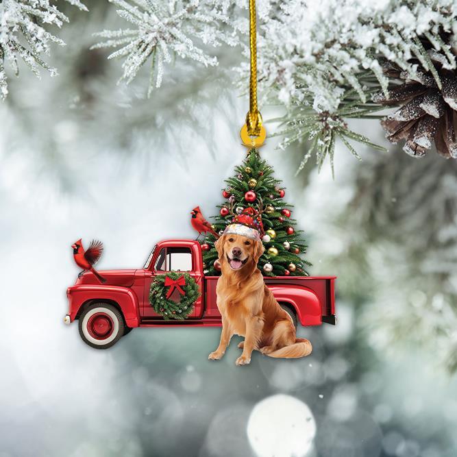 Golden Retriever Dog Red Truck Ornament  Golden Retriever Dog Christmas Ornament