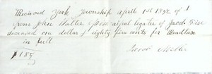 1852 Handwritten Receipt - York Township - Payment for Road Tax