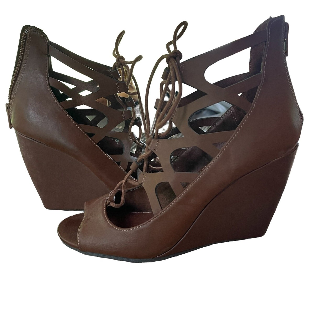 Mia, Lace Up, Brown Wedge Sandals Size 8, Open Toe, Strappy