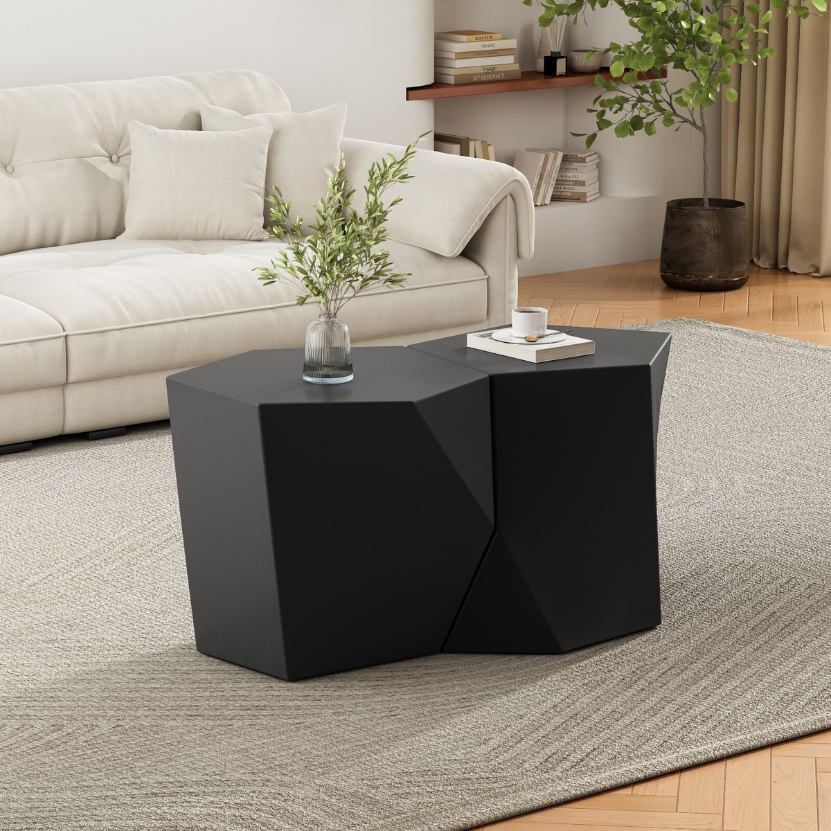Black Modern Geometric Coffee Tables Pentagon & Hexagon Tops, Set 