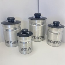 Vtg MCM Aluminum Metalware Nesting Canister Set 4 Flour Sugar Coffee Tea