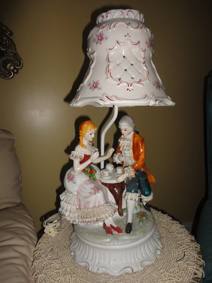 VINTAGE VICTORIAN PORCELAIN TABLE LAMP HAND PAINTED RARE MAN WOMAN HAVING TEA - Image 1 of 4