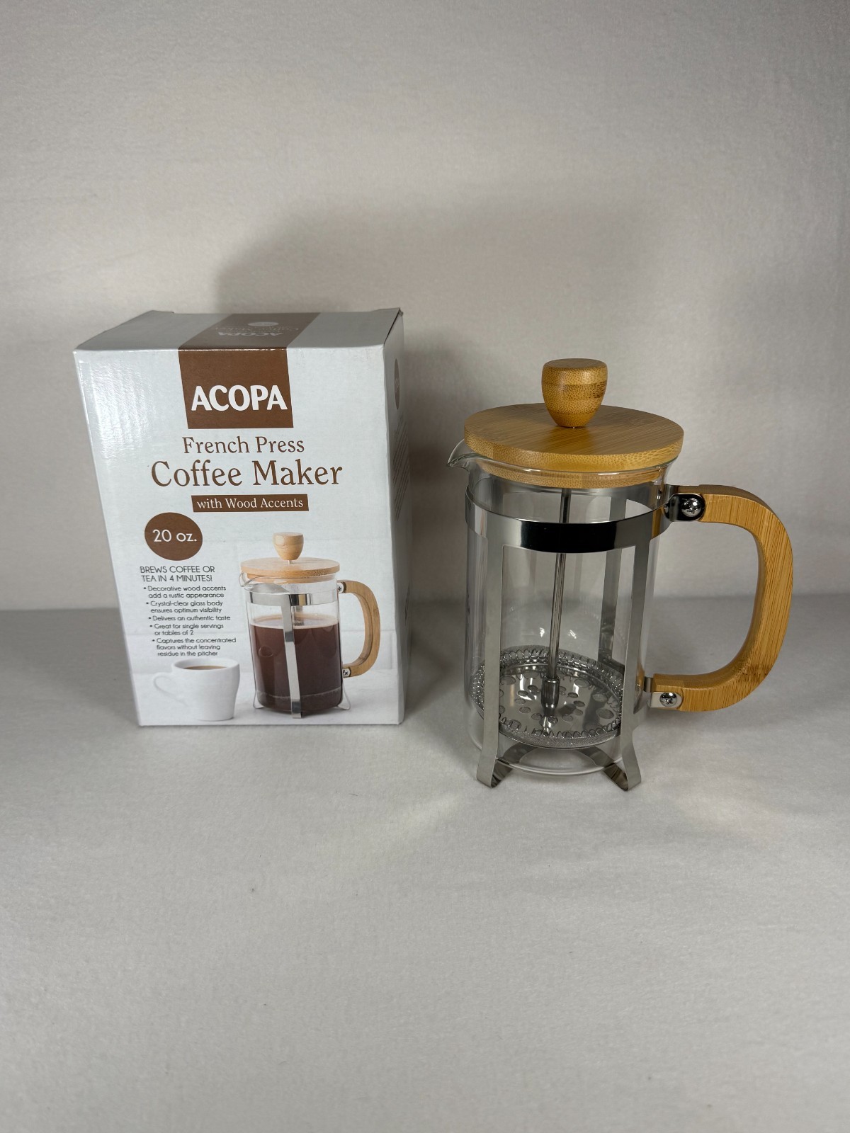 Coffee Maker With Bamboo Handle Holds 20oz 7.5"