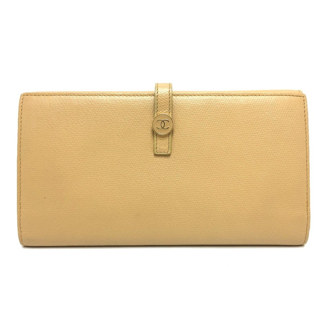 Chanel Coco Bifold Long Wallet in Beige Leather with Signature Button