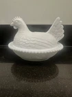 Vintage Indiana Glass Hen on Nest White Milk Covered Chicken Candy Dish 7 Inch