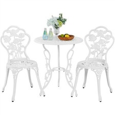 3 Piece Patio Bistro Table Set with Umbrella Hole Outdoor Metal Furniture White