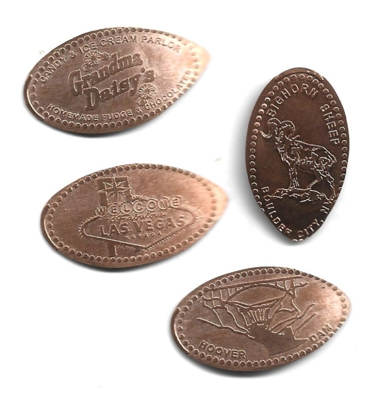 4 Copper elongated pennies (cents) GRANDMA DAISY'S CANDY STORE Boulder City NV