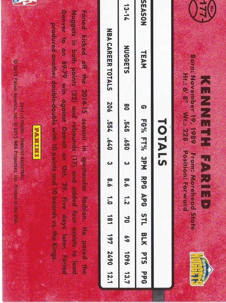 KENNETH FARIED PRESS PROOF BLUE 50/99 DONRUSS 2014-15