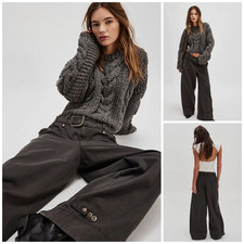 148 NWT Free People We The Free Sloane Belted Black Baggy Pants Jeans M