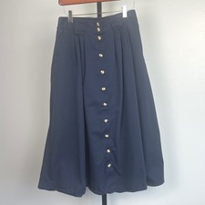 Navy Blue Midi Skirt Button Front A-Line Full Pleated Cottagecore Size 10