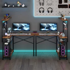 42 Inch L Shaped Gaming Desk with LED Lights Power Outlets Corner Computer Table