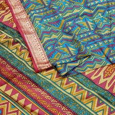 Vintage Sari Pink Blue Pure Silk Printed Saree 5yard Sewing Craft Fabric Soft