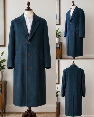 Vintage Hugo Boss De Tomaso Overcoat 44L 100% Virgin Wool Germany Teal Blue