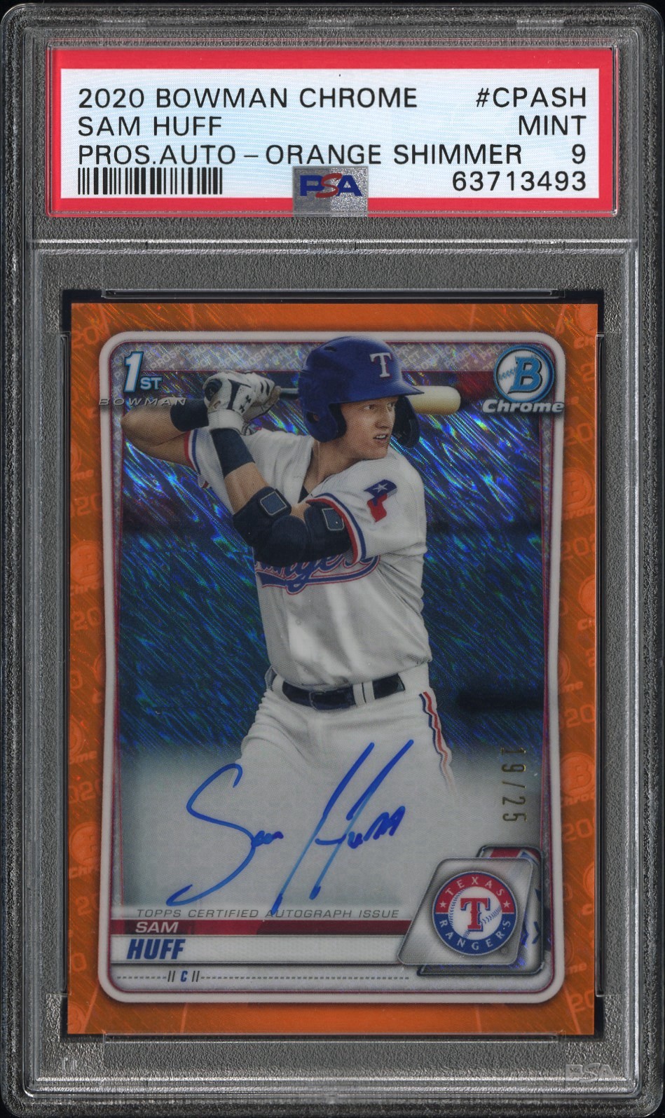 2020 Bowman Chrome Sam Huff #CPASH 1st Orange Shimmer Auto /25 PSA 9