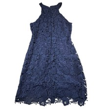 Lulu's Love Poem Dress Women’s Medium Lace Mini Crochet Floral Navy Blue