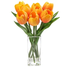Orange Artificial Tulip Flowers in Clear Vase Real Touch Foam Tulip Arrangement