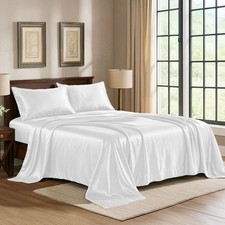 Satin Sheets Queen 4-Piece, White Hotel Luxury Silky Bed Sheets - Extra Sof...