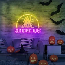 Haunted House Neon Sign, Custom LED Light, Spooky Party Wall Decor, Ghost Theme