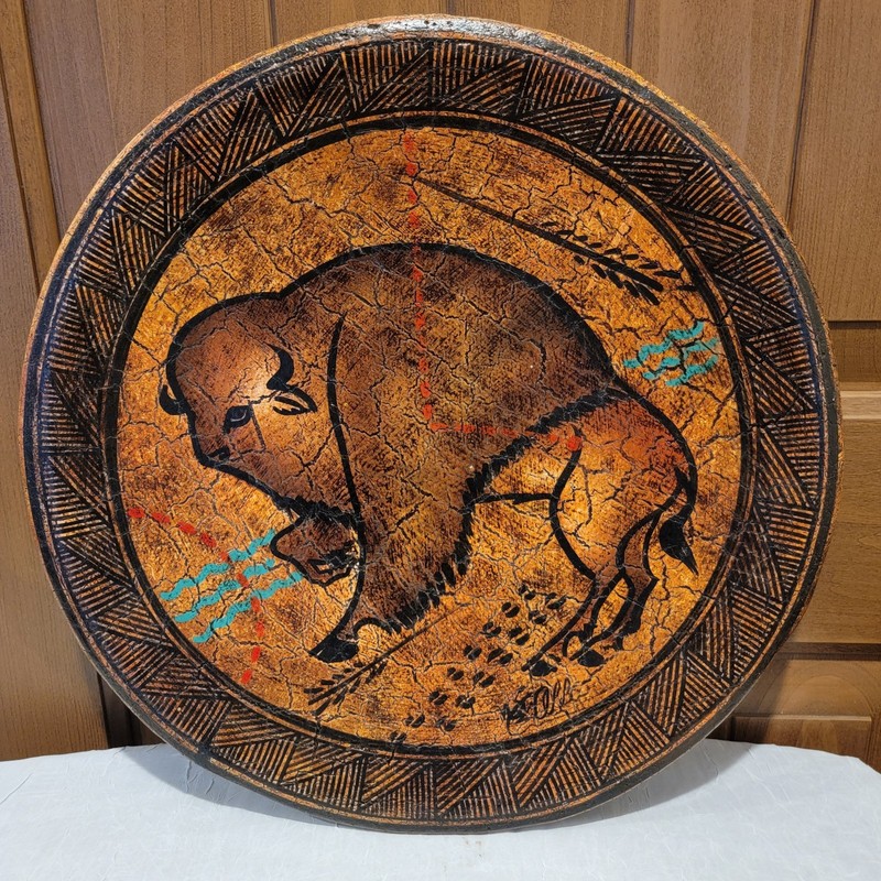 Vintage Native American Buffalo Hand Painted Art Plate 18 Inch  Signed Artwork  