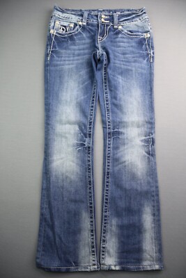 Womens Miss Me Jeans Boot Cut Piece Insert Rhinestones Flap Pocket Sz 26 (26x28)