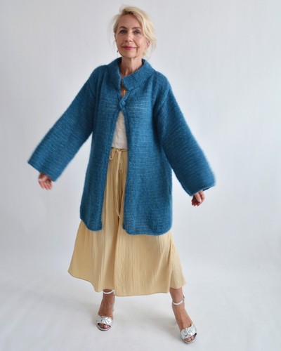 Blue long mohair cardigan Handknit soft 