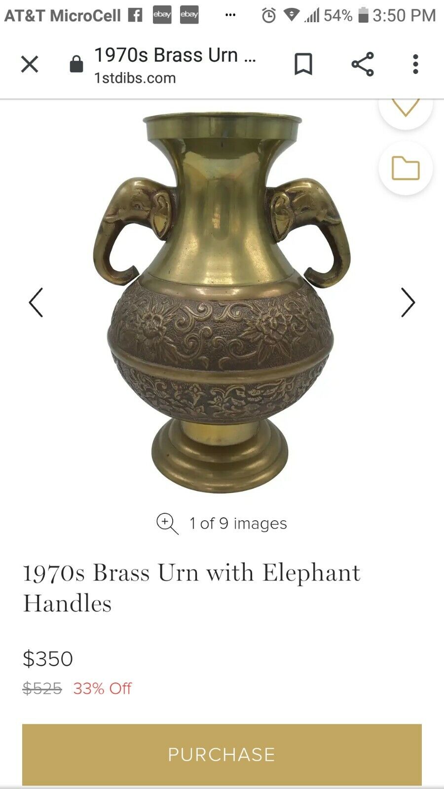 Vintage Brass Vase with Elephant Head Handles & Floral Motifs