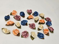 24 pcs Satin Swirl Ribbon Roses Flowers Rose Head Leaves Applique Sewing Trims