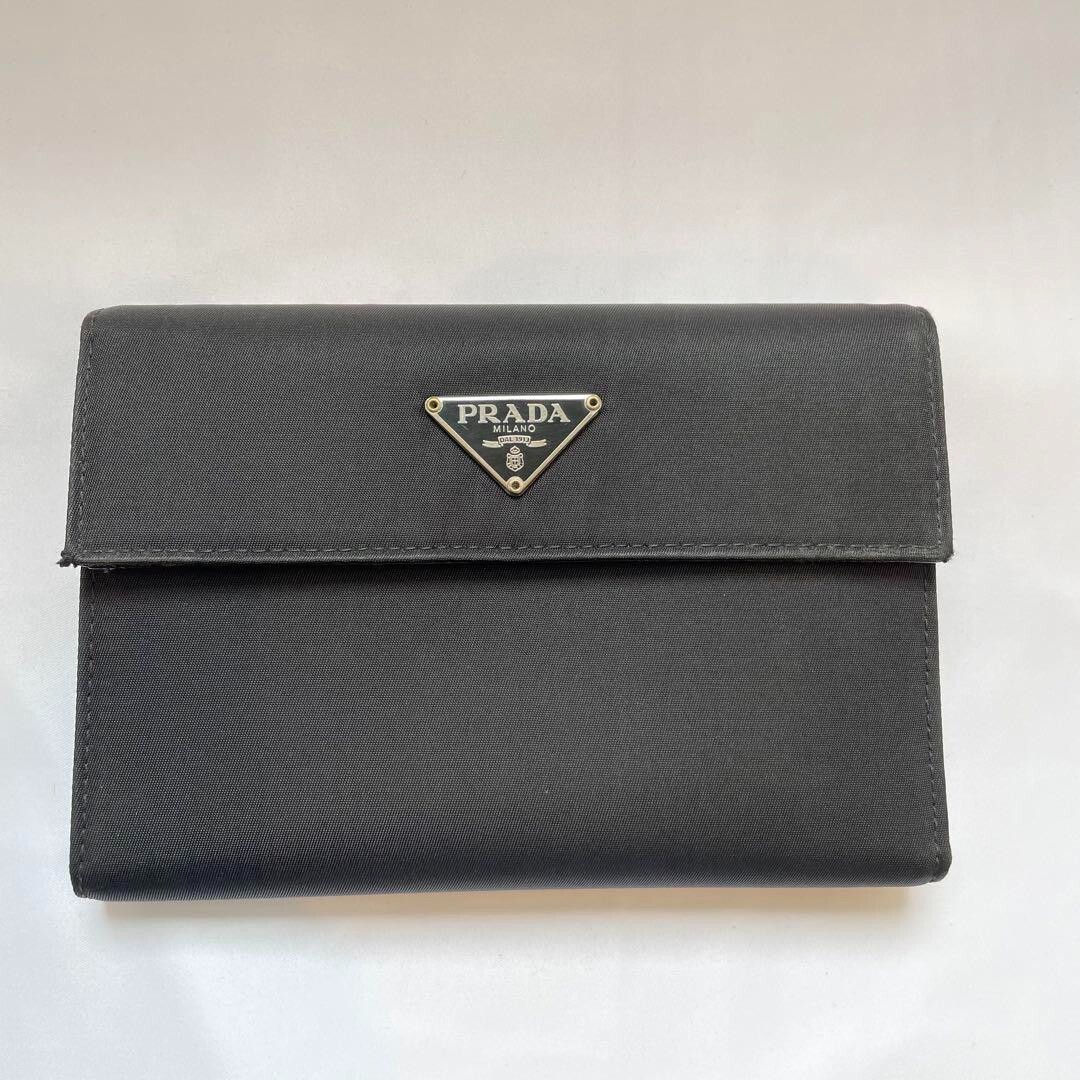 PRADA TESSUTO Wallet M510 Logo Plate Black Nylon Tri-fold | eBay