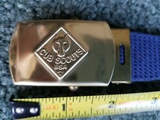 Cub Scout Belt BSA Blue Canvas Wolf Logo Metal Buckle Sz S/M 30 Long w/ Badges