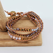 Brown Leather Double Wrap Bracelet w Copper  Champagne Crystals, Beads  Pearls