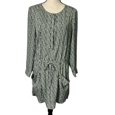 Gap Dress Womens Medium Green Black White Stripe Dotted Drawstring Patch Pocket