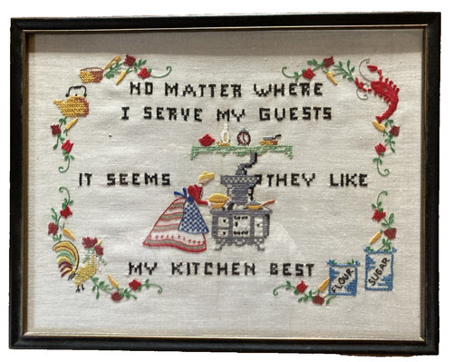 Vintage Kitchen Sampler, Black Frame w Glass, 13 5/8" wide x 10 3/4" high, VGUC