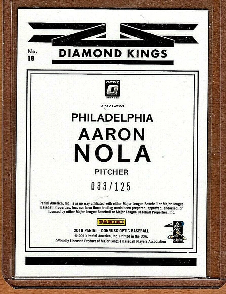 2019 donruss optic,AARON NOLA,"PURPLE STARS" 33/125 diamond kings"PHILLIES" - Image 3 of 4