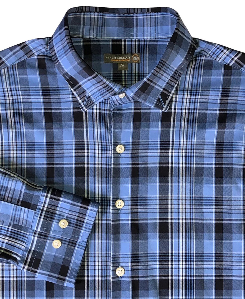 Peter Millar Summer Comfort Dress Shirt Men's XL Blue Plaid Button Up Nylon Peter Millar Summer Comfort Dress Shirt Men's XL Blue Plaid Button Up Nylon