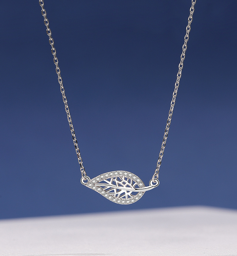 Cubic Zirconia Sideways Feather Necklace Feather Silver Necklace