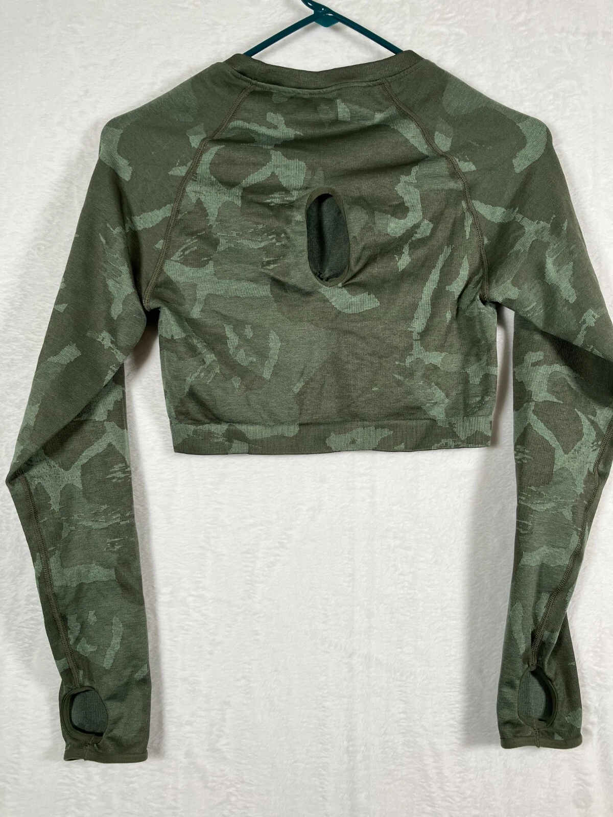 gymshark camo crop long sleeve ruched training stretch knit shirt