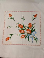 Ladies Vintage Hanky Handkerchief RED TULIPS Scalloped Edge FLORAL BOUQUET