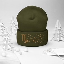 Capricorn in the Stars Knit Beanie - Cozy Knit Hat OliveGreen