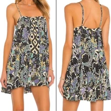 Free People Intimately Get A Clue Boho Spaghetti Strap Mini Dress Black Combo XS