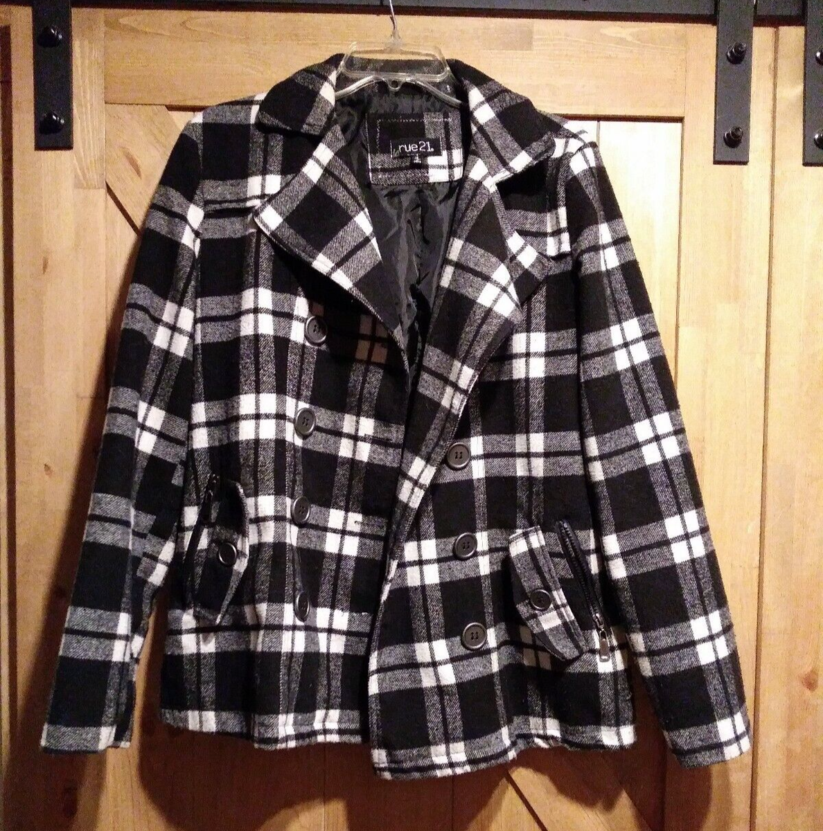 Rue21 Jacket Womens Medium Black White Plaid Front Button Lined