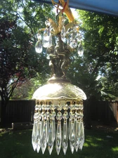 Vintage Cherub Lamp Chandelier brass plt crystal bobeche glass Clear prisms