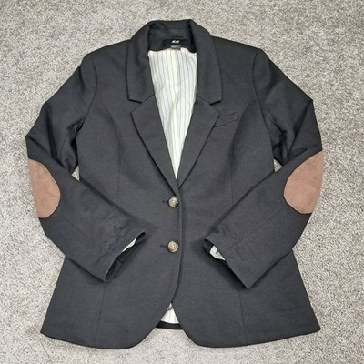 HM Black Cotton Blend Blazer Jacket with Elbow Patches US 10 Academic Preppy