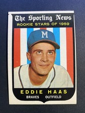 1959 Topps Baseball Eddie Haas Milwaukee Braves Rookie Card #126 (c). rookie card picture