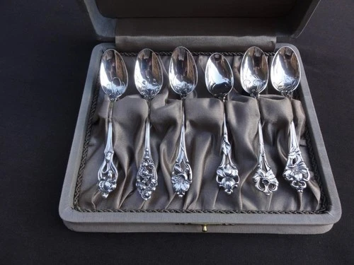 Antique Art Nouveau Wallace & Sons Sterling Silver 6 Teaspoons in Box Stag Mark