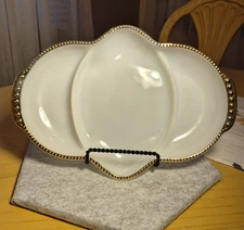 Fire King Ovenware Milk Glass Divided Three Section Server with Gold Beaded Trim