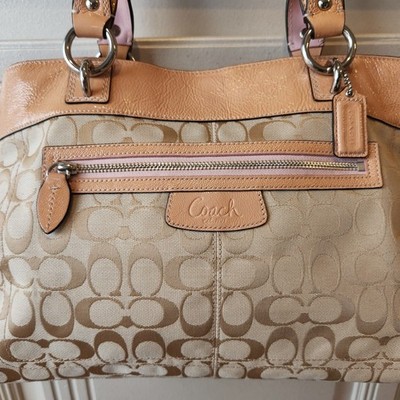 Coach Signature C Penelope Peach/Tan Leather/Canvas Tote Bag No